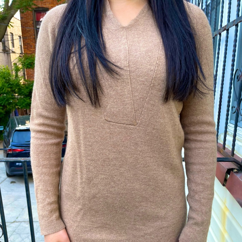 Club Monaco. Tan midi V-neck sweater dress with a slit in the back.